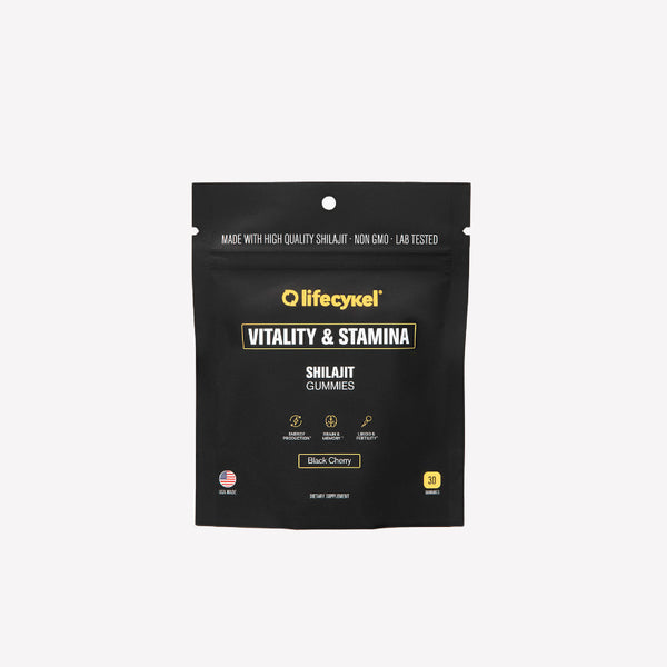 Black packaging of Lifecykel Shilajit Gummies on a white background