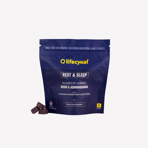 Lifecykel Rest & Sleep mushroom gummies packaging on a white background