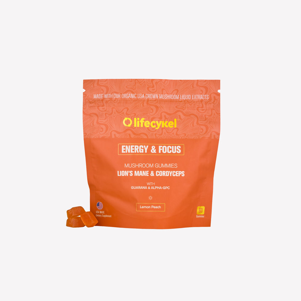 Orange package of Lifecykel Energy & Focus Mushroom Gummies on a white background