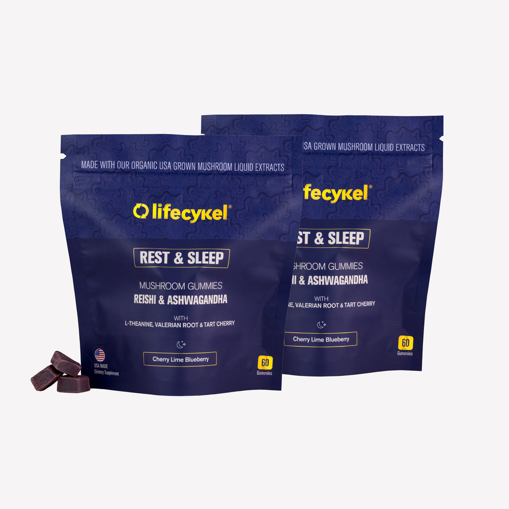 Two packages of Lifecykel Rest & Sleep mushroom gummies on a white background