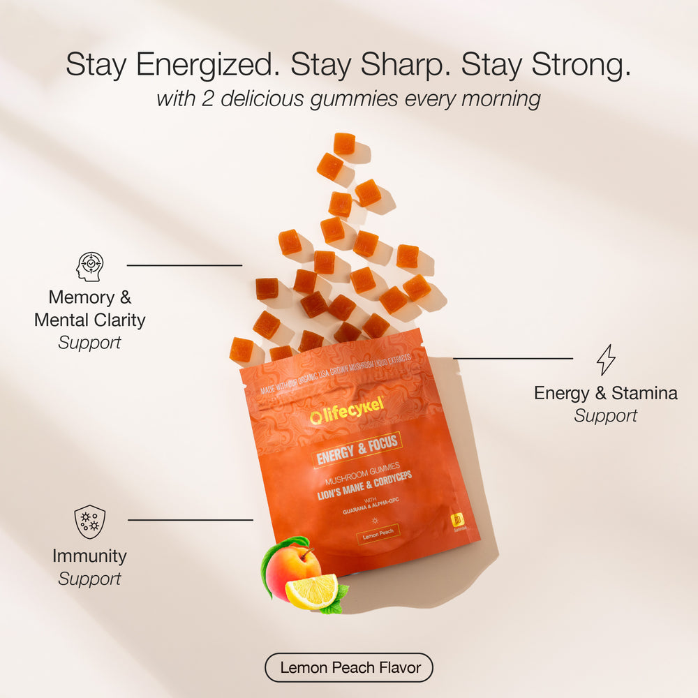Lifecykel gummies packaging with text on a beige background