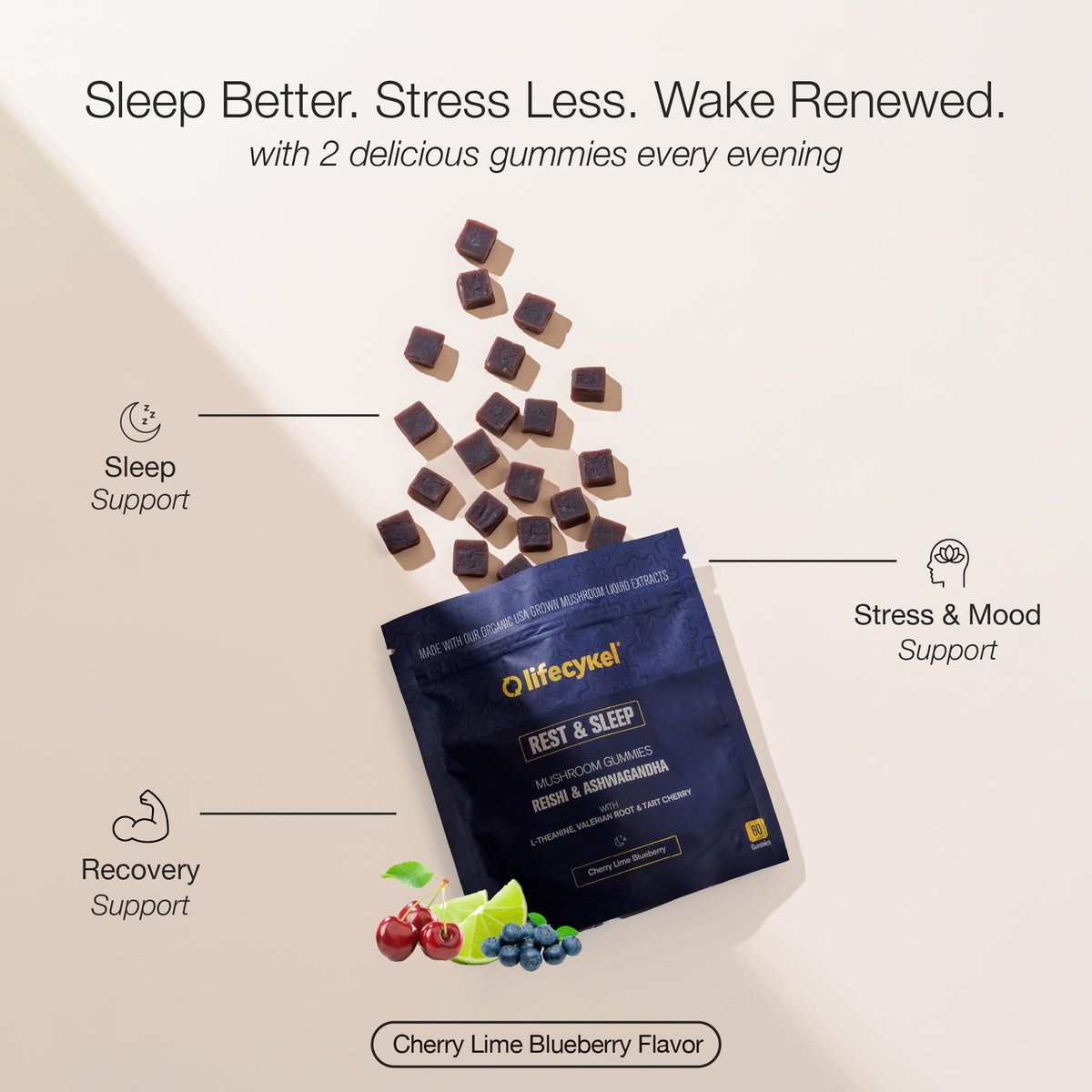 Lifecykel Rest & Sleep gummies packaging with text on a beige background