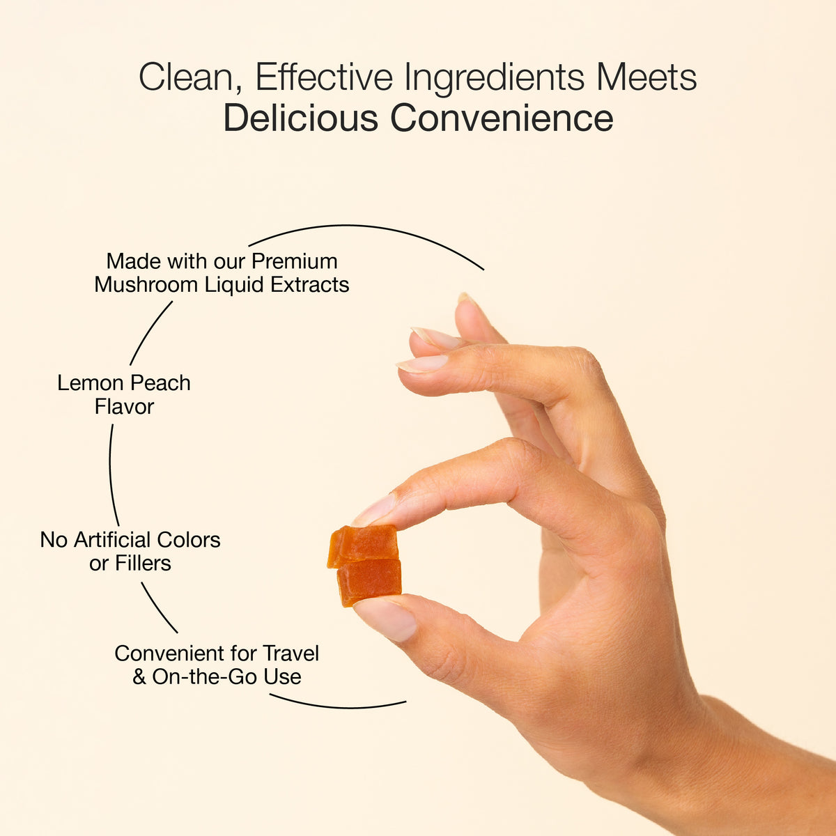 Hand holding a small brown Lifecykel gummy cube with text about its ingredients and benefits on a beige background
