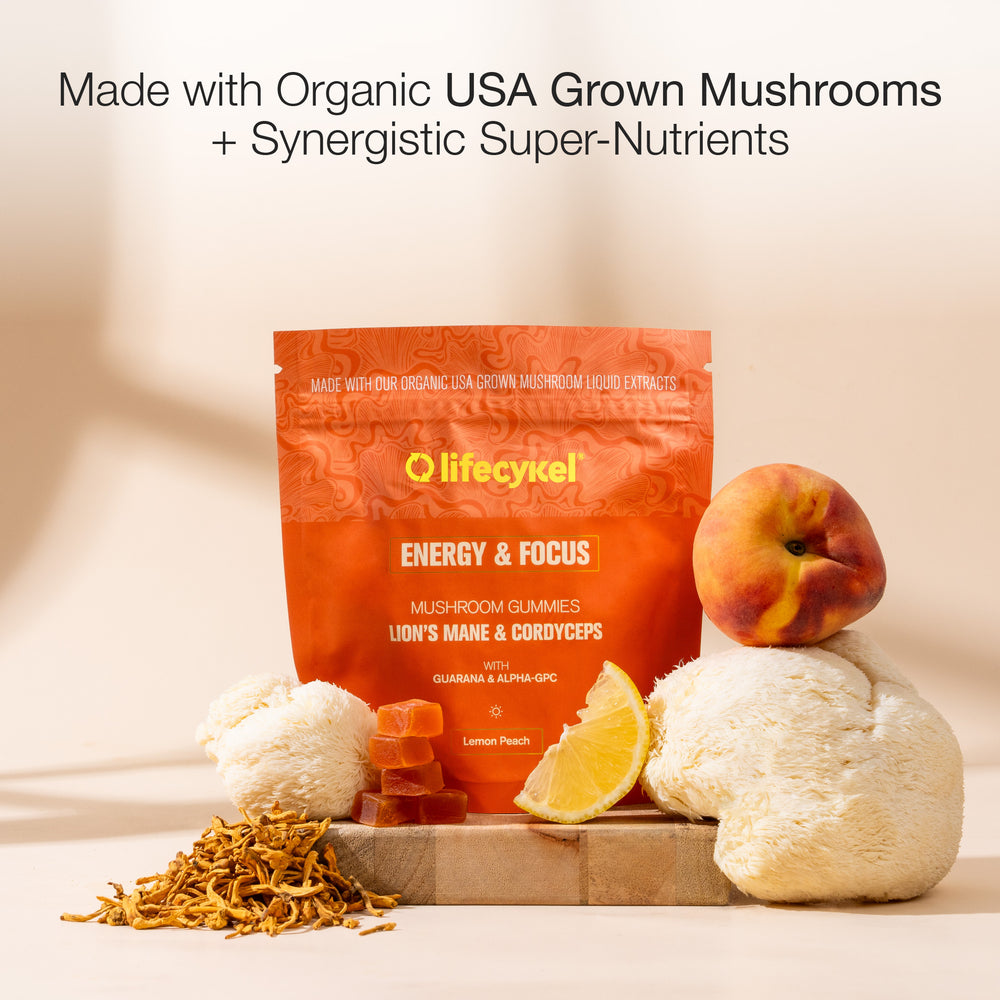 Lifecykel mushroom gummies packaging with ingredients on a wooden board