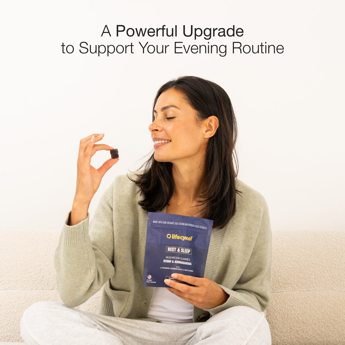 Woman holding a product and a package with text about supporting an evening routine.