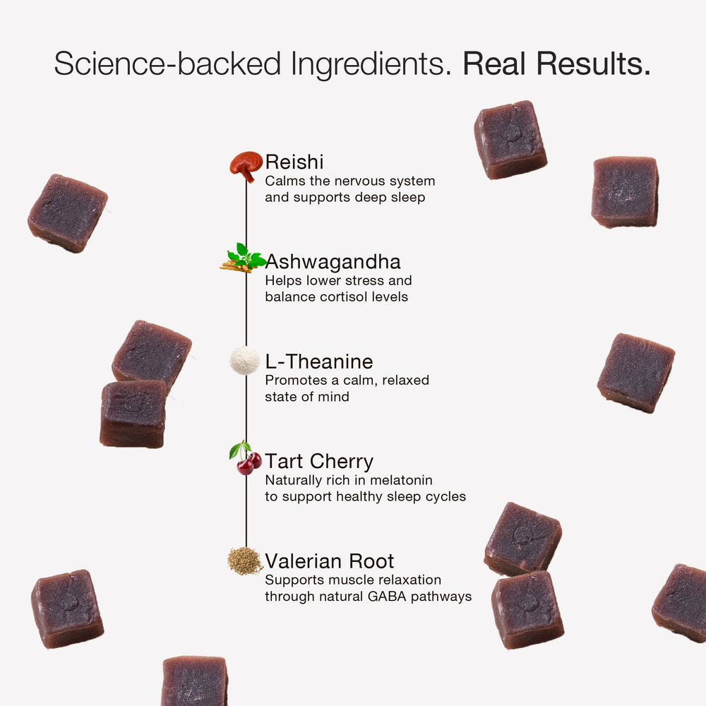 Gummy cubes with health benefits listed on a white background