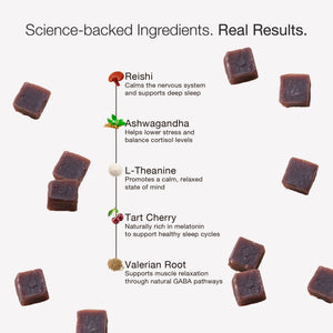 Gummy cubes with health benefits listed on a white background
