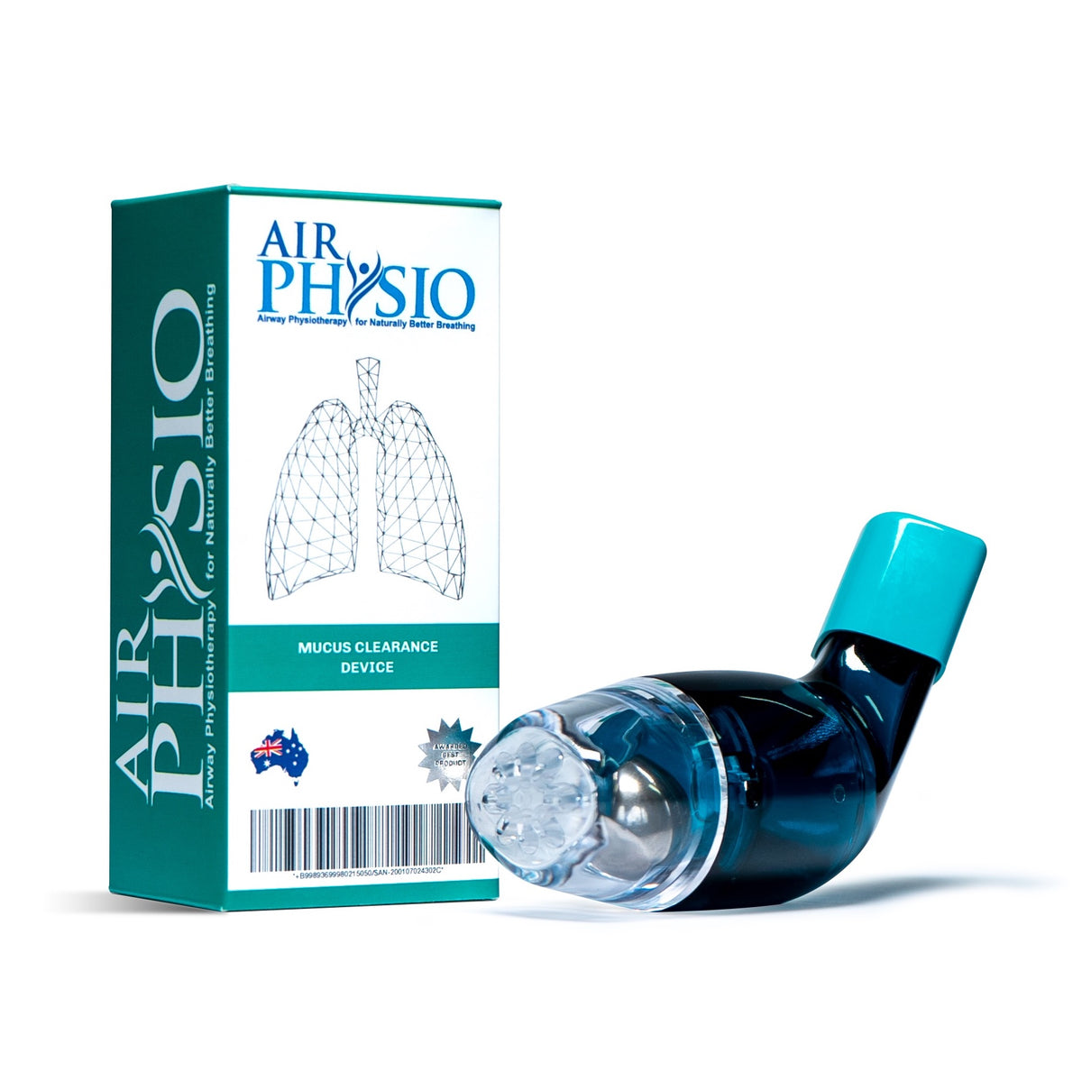 Blue breathing device with packaging box in white background