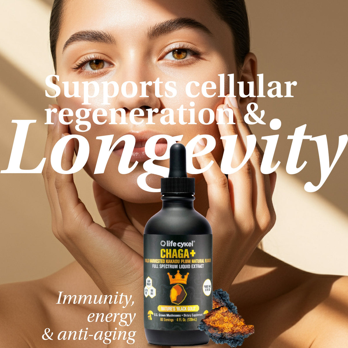A dropper bottle of Lifecykel Chaga mushroom extract supplement with a woman holding it, highlighting benefits such as supporting cellular regeneration and longevity.