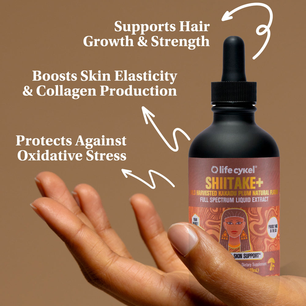 A hand with a bottle of Lifecykel Shiitake mushroom extract supplement with brown background and text for benefits