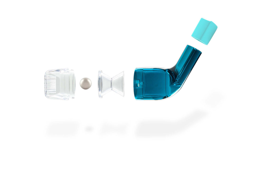Blue breathing device in disassemble figure in white background