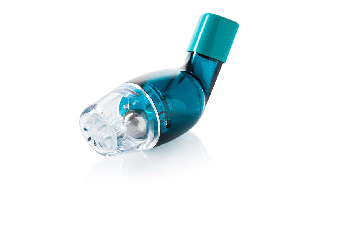 Blue breathing device in plain white background