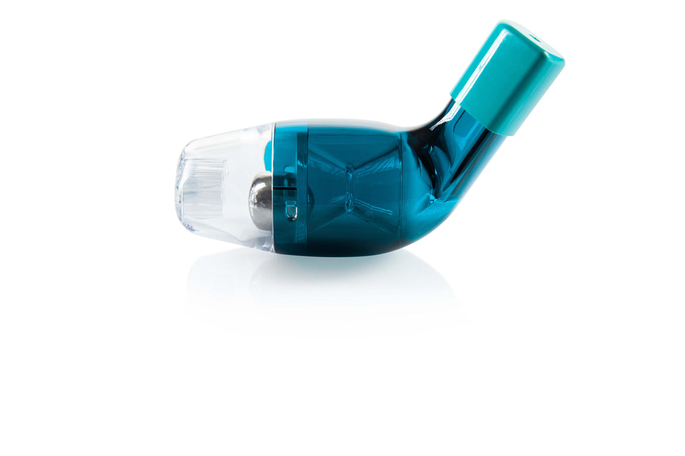 Blue breathing device in plain white background