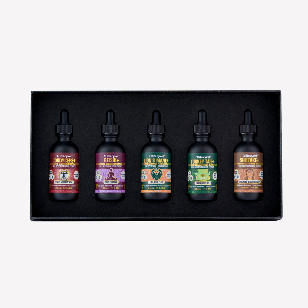 Life Cykel Biohacker Set in a black box — five mushroom liquid double extracts