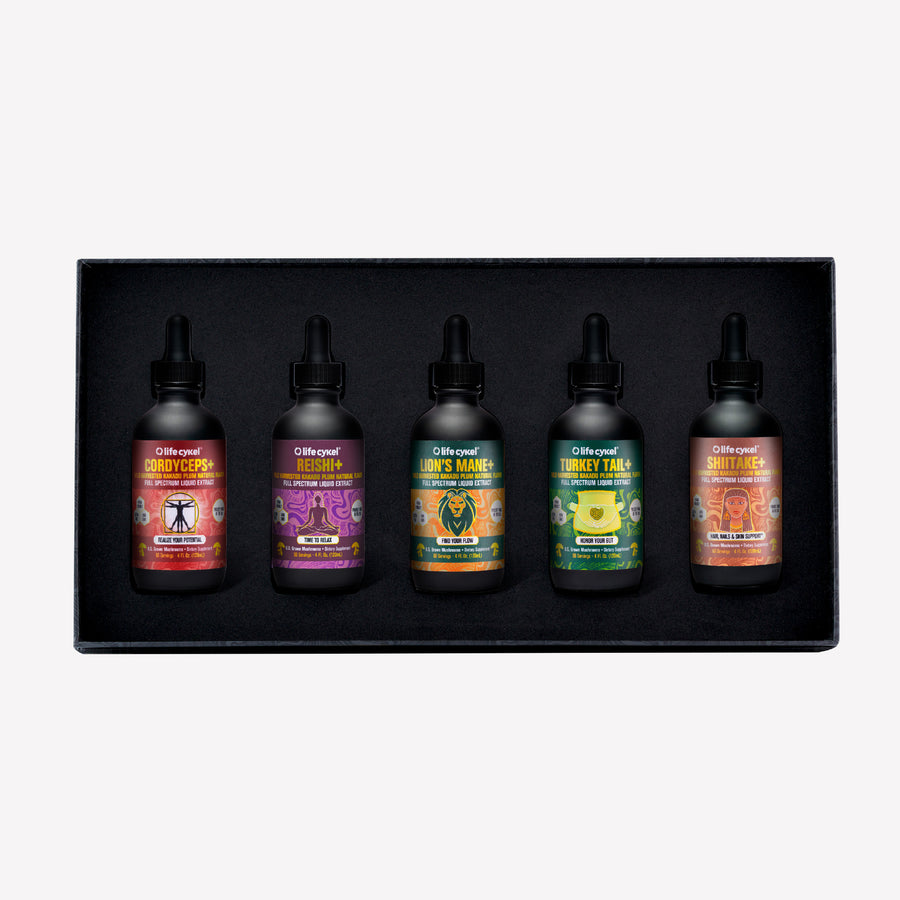 Life Cykel Biohacker Set — five mushroom extract bottles in a black box
