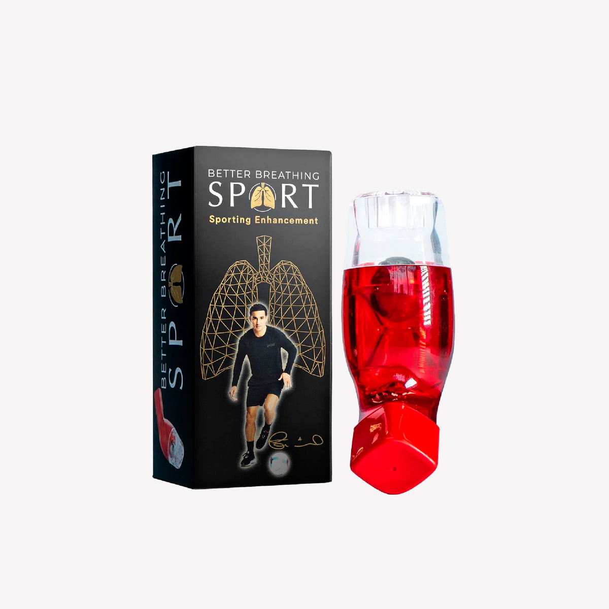 Red breathing device with packaging labeled 'Better Breathing Sport' on a white background