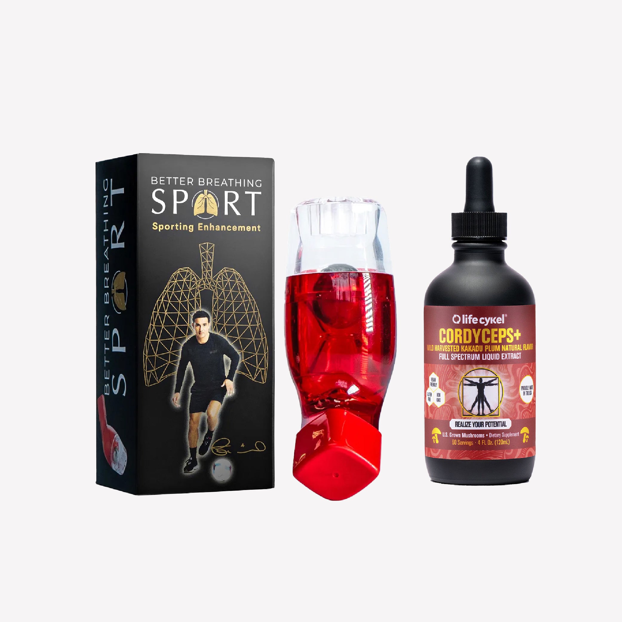 Product set with 'Better Breathing Sport' box, red cup, and 'Lifecykel' bottle on a white background