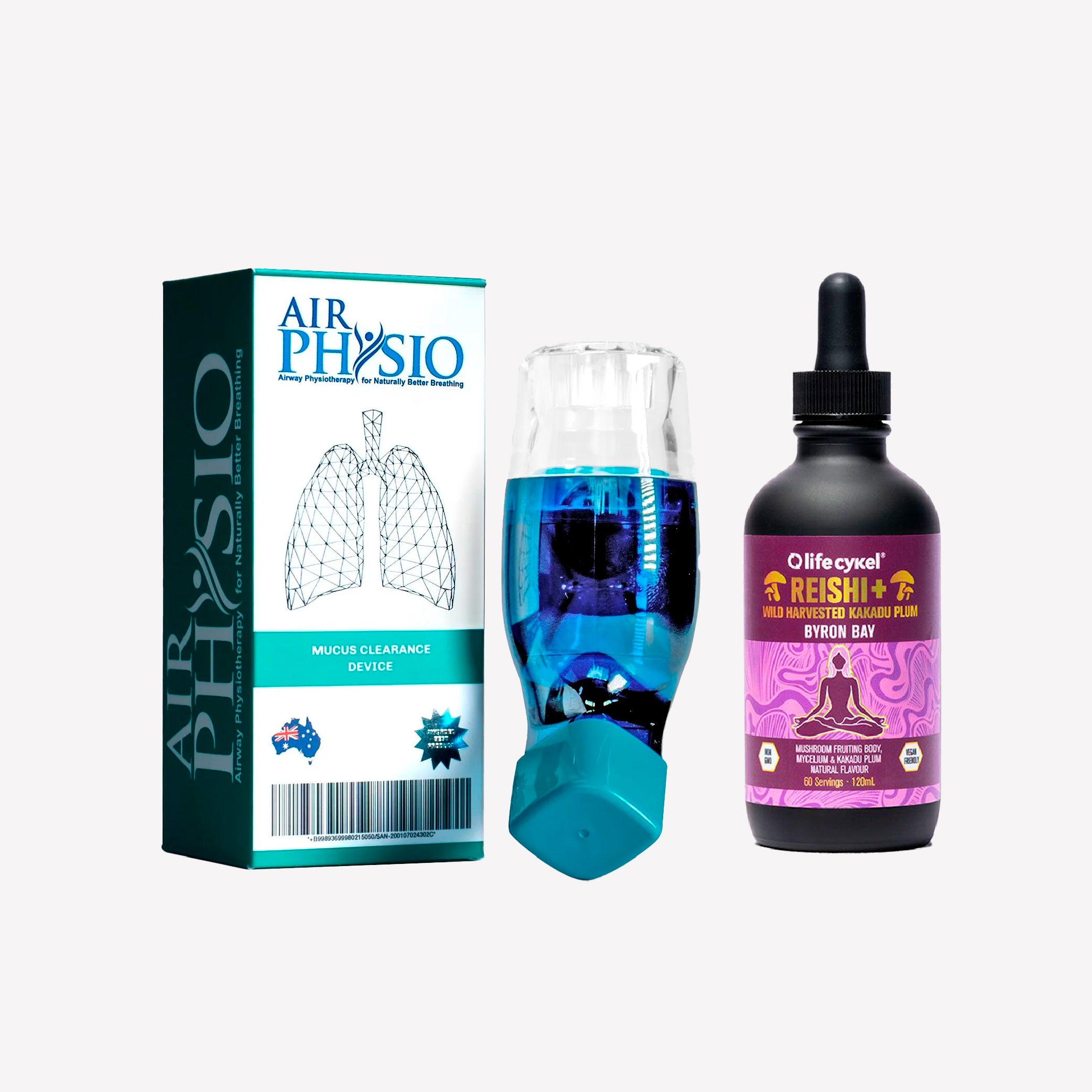 Three products including a box of blue breathing device, a Lifecykel Reishi mushroom extract bottle with a dropper, and a purple bottle on a white background.