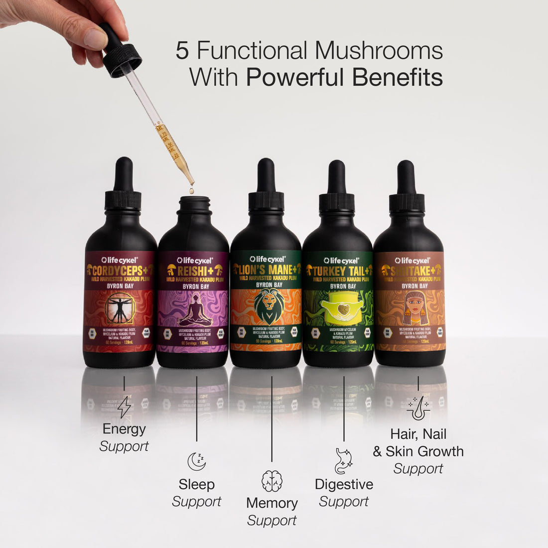 Life Cykel Biohacker Set — five functional mushroom liquid double-extract bottles with dropper
