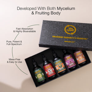 Collection of bottles in a black box with 'Lifecykel' branding, featuring text about product features.