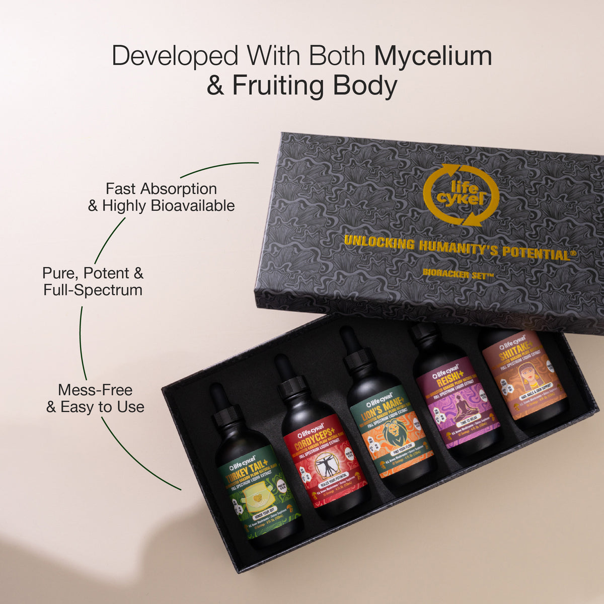 Collection of bottles in a black box with 'Lifecykel' branding, featuring text about product features.