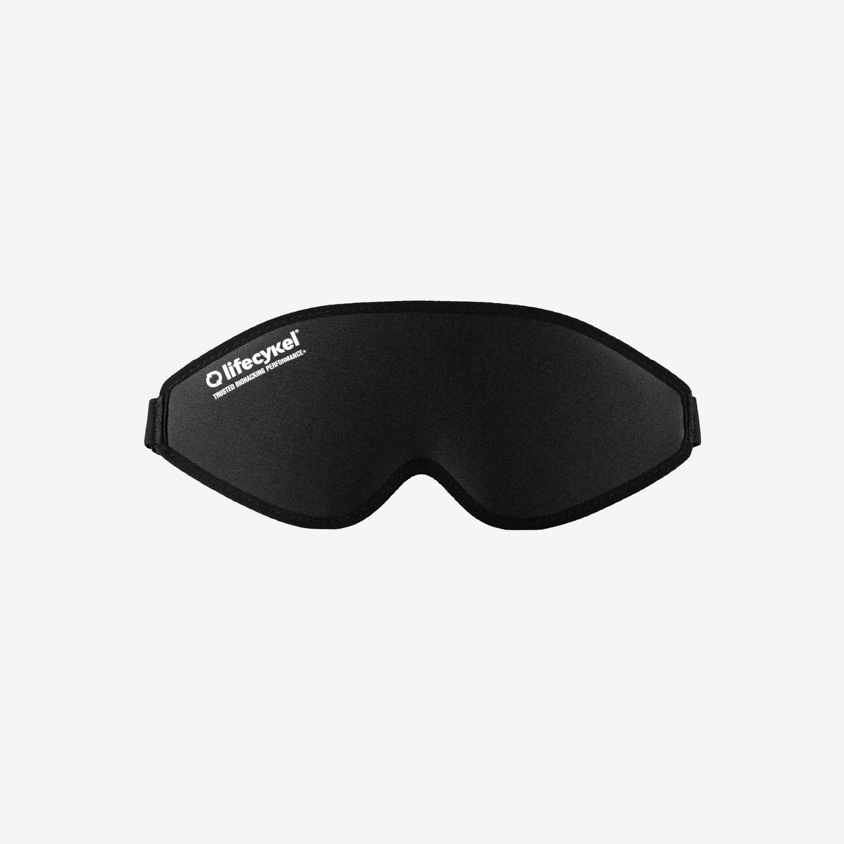 Black sleep mask with 'Lifecykel' branding on a white background
