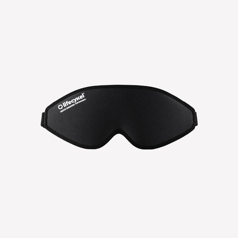 Black sleep mask with 'Lifecykel' branding on a white background