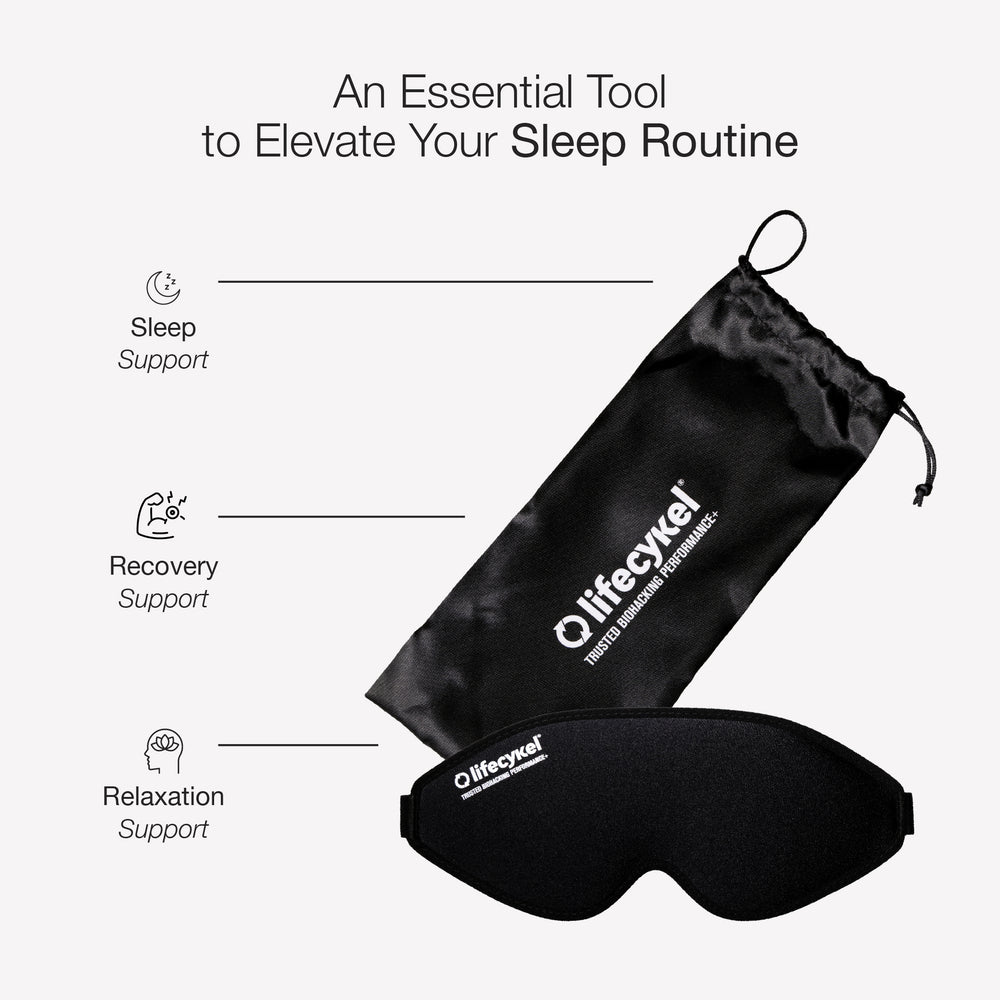 Black sleep mask with carrying pouch on a white background, featuring the 'lifecykel' brand.