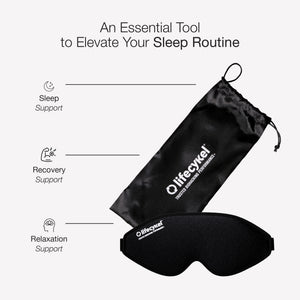 Black sleep mask with carrying pouch on a white background, featuring the 'lifecykel' brand.