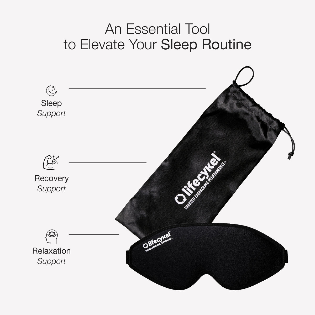 Black sleep mask with carrying pouch on a white background, featuring the 'lifecykel' brand.