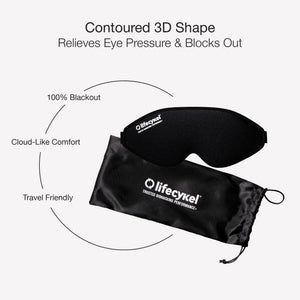 Black sleep mask with carrying pouch on a white background, featuring Lifecykel branding.