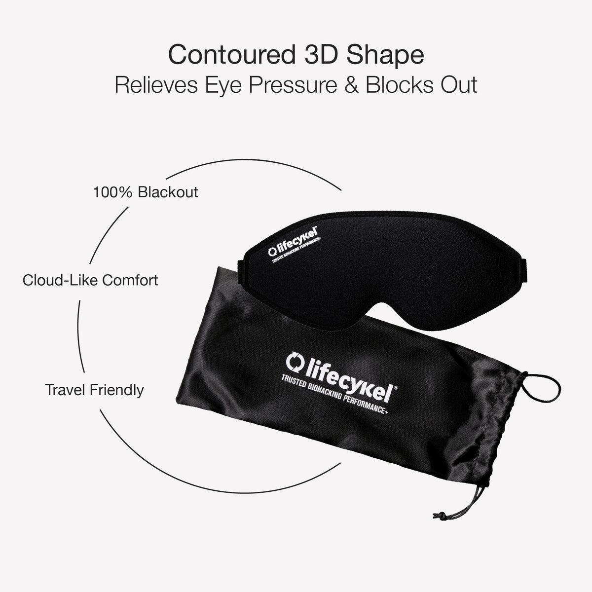Black sleep mask with carrying pouch on a white background, featuring Lifecykel branding.