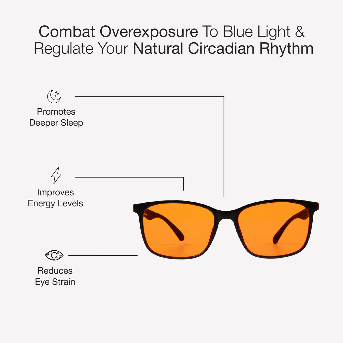Orange glasses with text about combating blue light exposure on a white background
