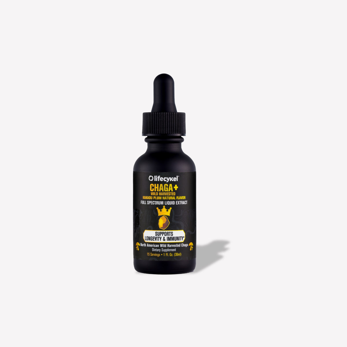 A 30ml bottle of Lifecykel Chaga mushroom extracts supplements with dropper on a white background