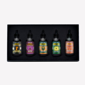 Five bottles of Lifecykel mushroom extracts supplements in a black box on a light gray background