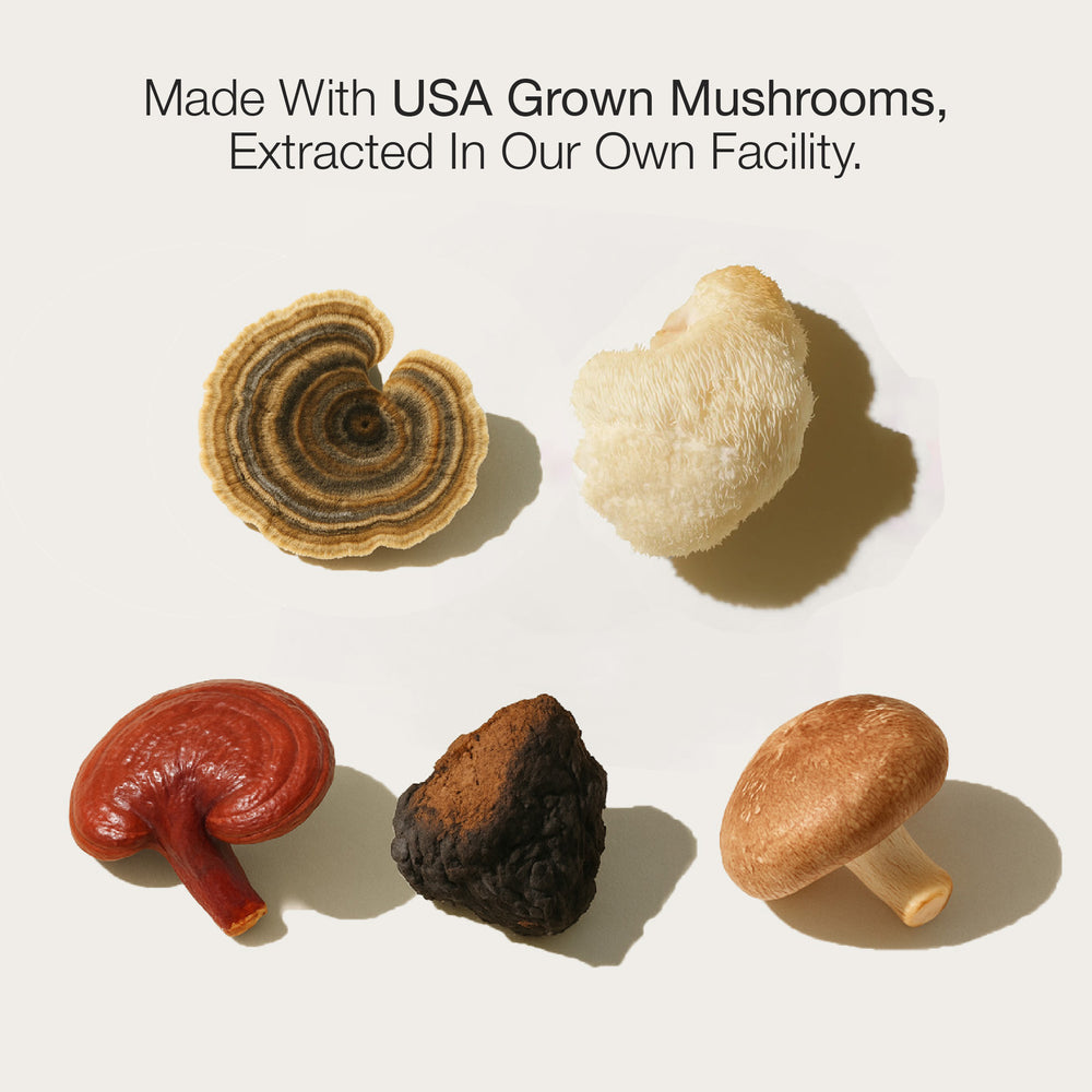 Five different types of mushrooms on a light background with text about USA grown mushrooms.