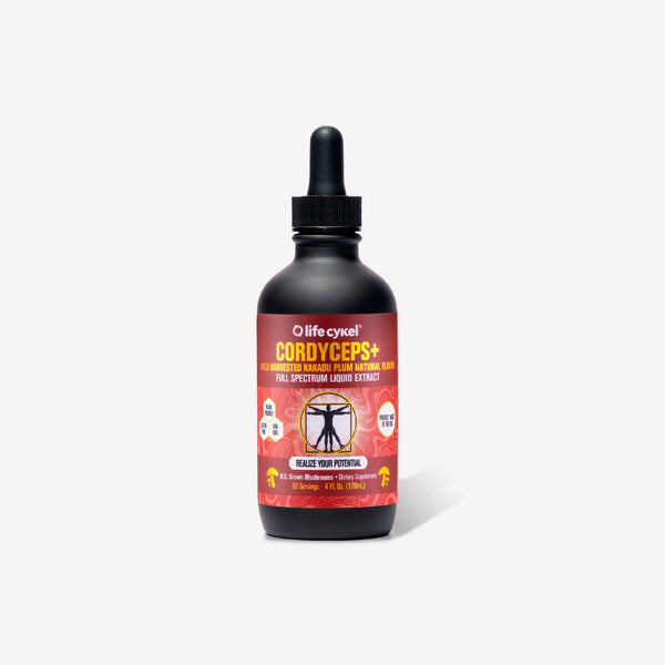 Lifecykel Cordyceps+ mushroom extract supplement bottle on a white background