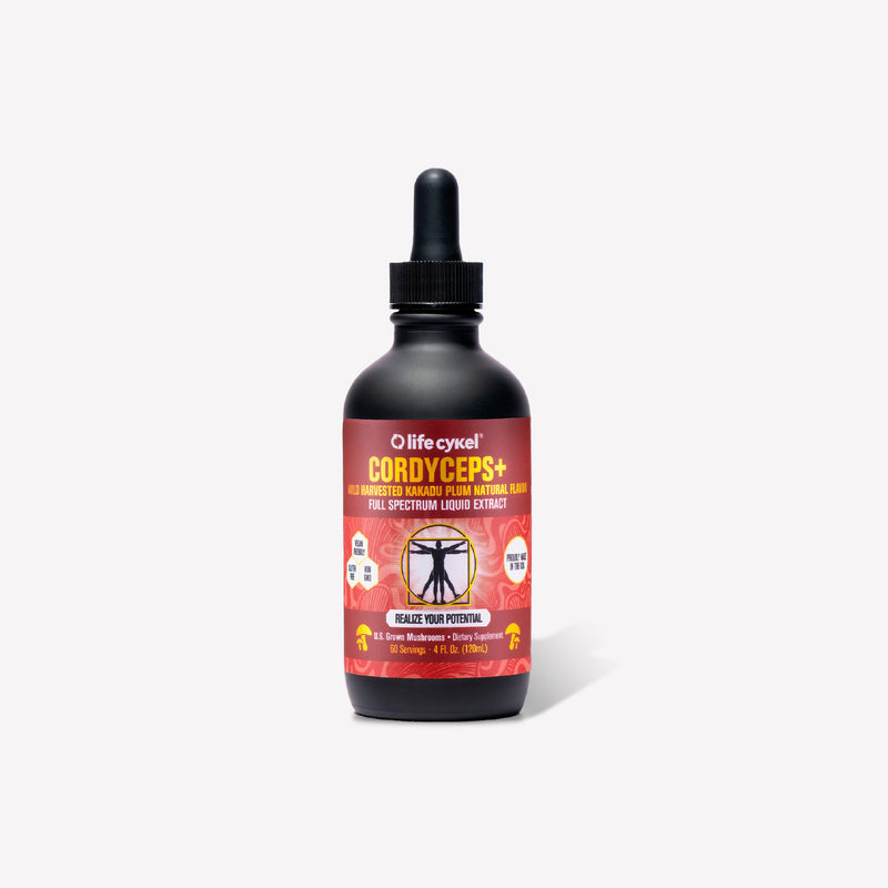 Lifecykel Cordyceps+ mushroom extract supplement bottle on a white background