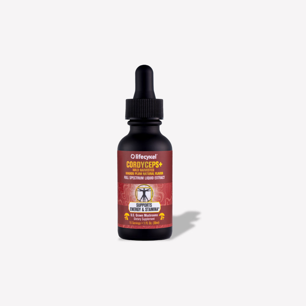 A 30ml bottle of Lifecykel Cordyceps mushroom extracts supplements on a white background