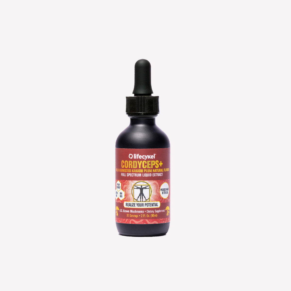 Bottle of Lifecykel Cordyceps+ mushroom extract supplements on a white background
