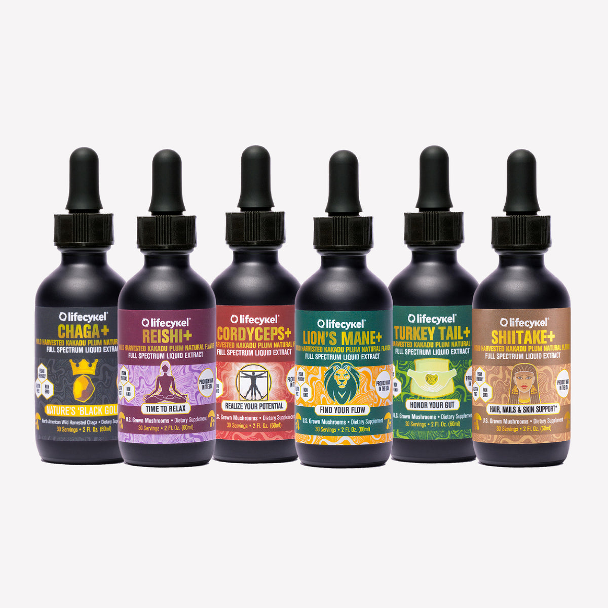 Set of Lifecykel mushroom extracts  dropper bottles with colorful labels on a white background
