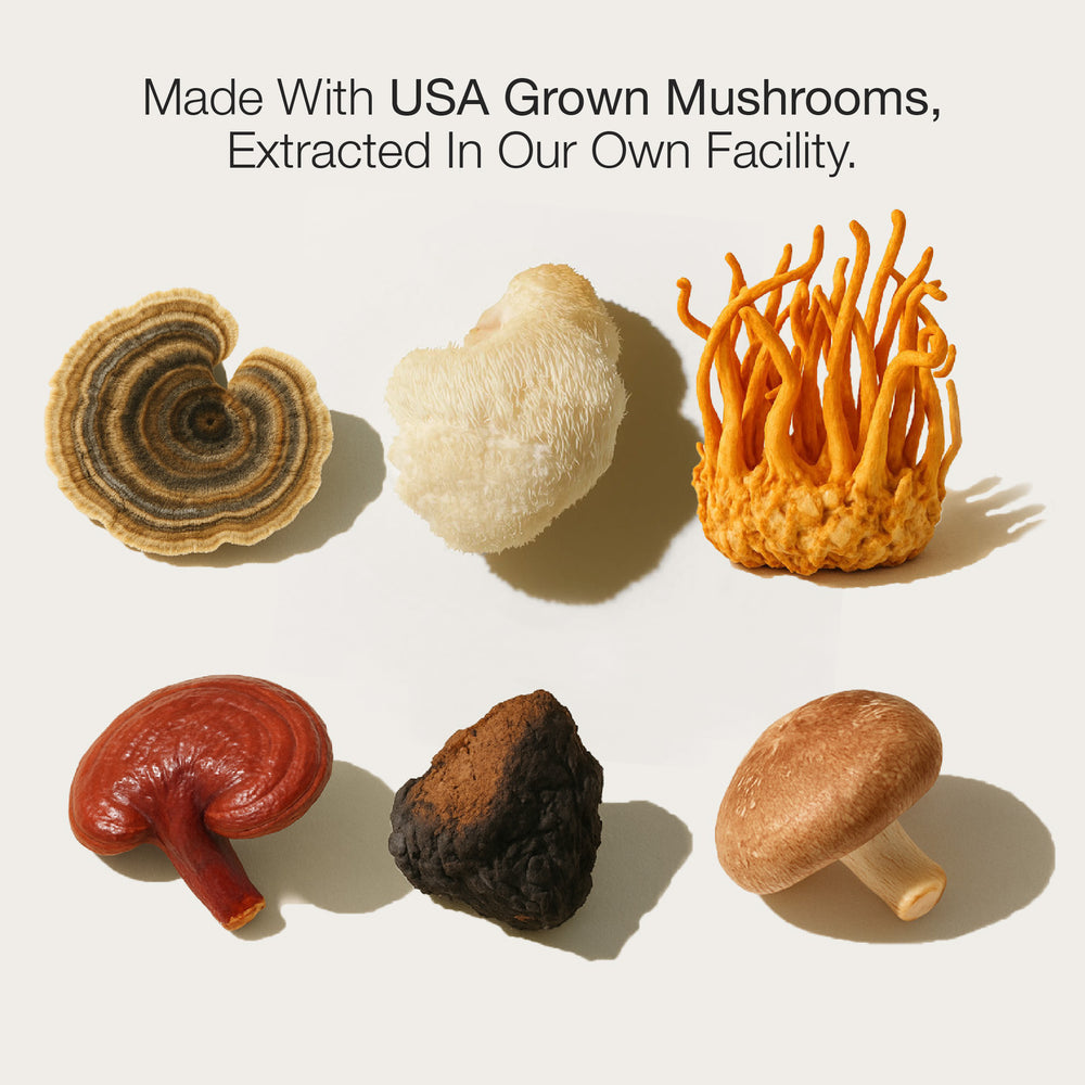 Various types of mushrooms displayed on a light background with text about USA grown mushrooms.