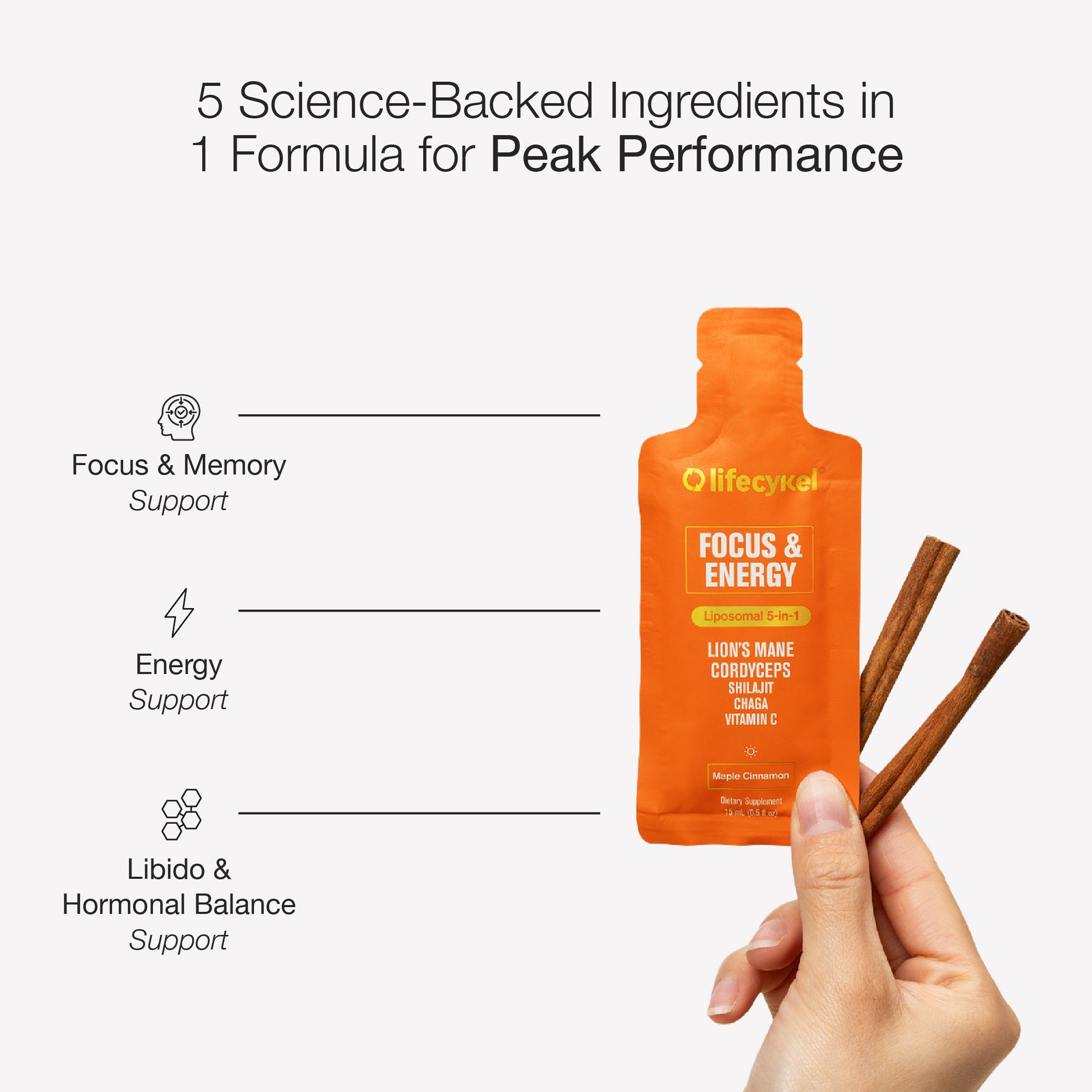 Orange liposomal supplement packet with cinnamon sticks, labeled 'Focus & Energy', held by a hand on a white background.