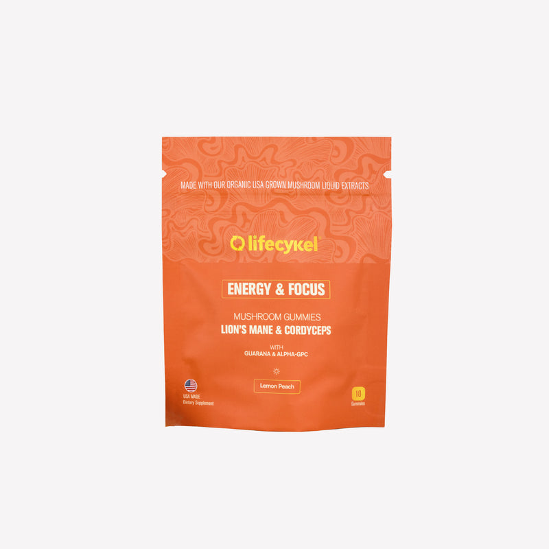 Orange package of Lifecykel Energy & Focus mushroom gummies on a white background