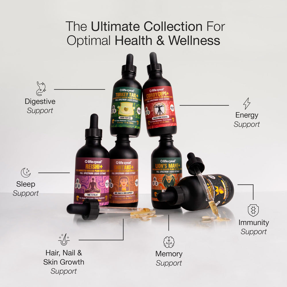 Collection of health and wellness product bottles with labels on a white background