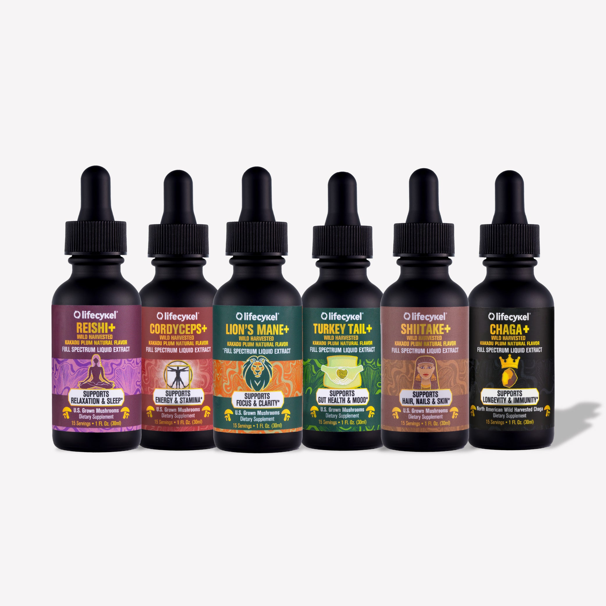 Set of six Lifecykel mushroom extracts  tincture bottles on a white background