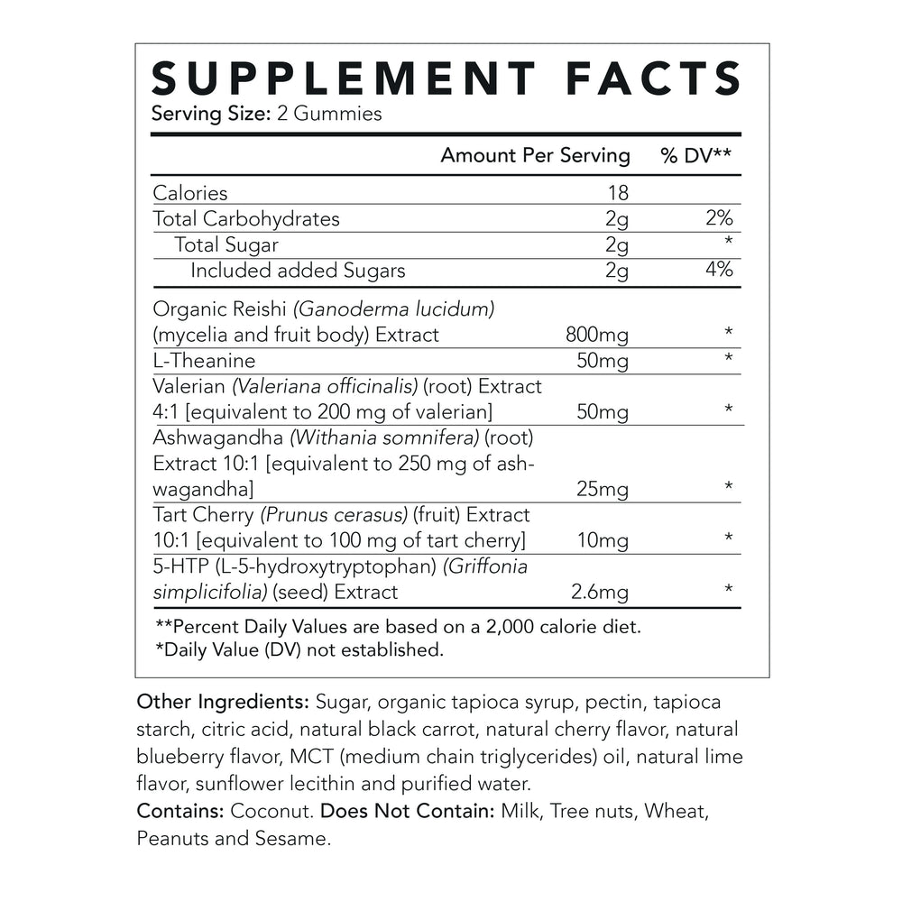 Supplement facts and ingredients list for the gummy product
