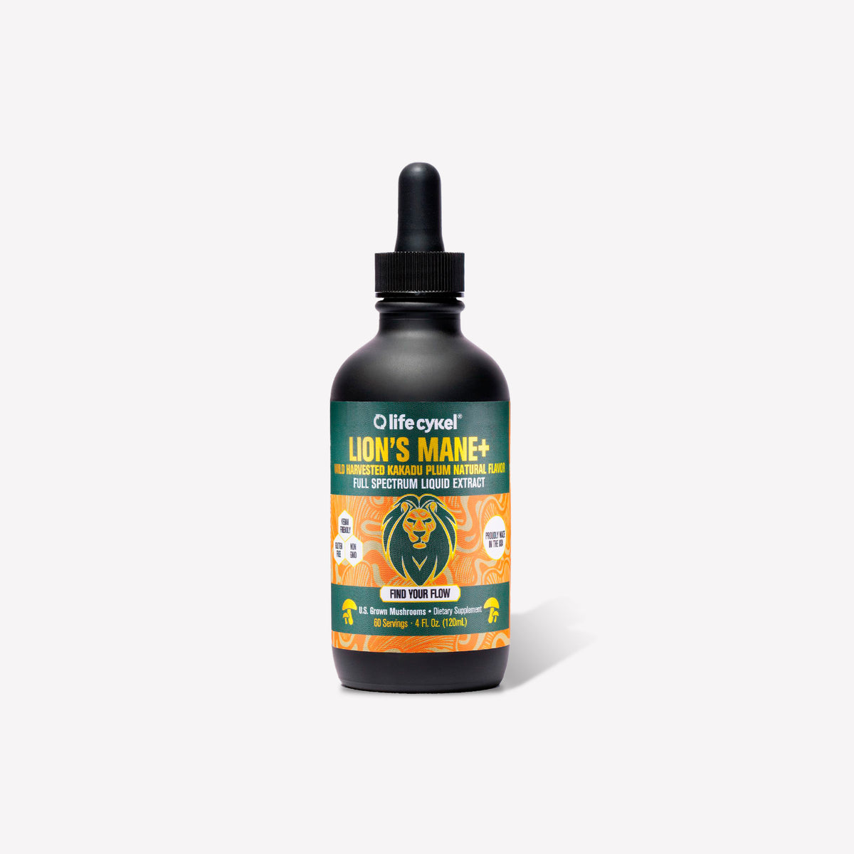 Bottle of Lifecykel Lion's Mane mushroom extract supplement on a white background