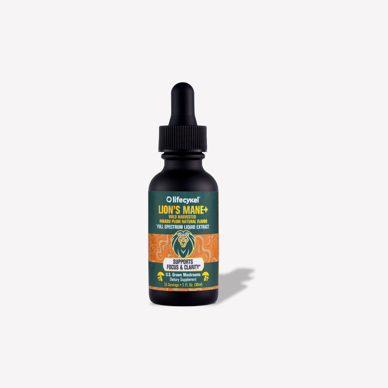 A 30ml bottle of Lifecykel Lion's Mane mushroom extracts supplements on a white background