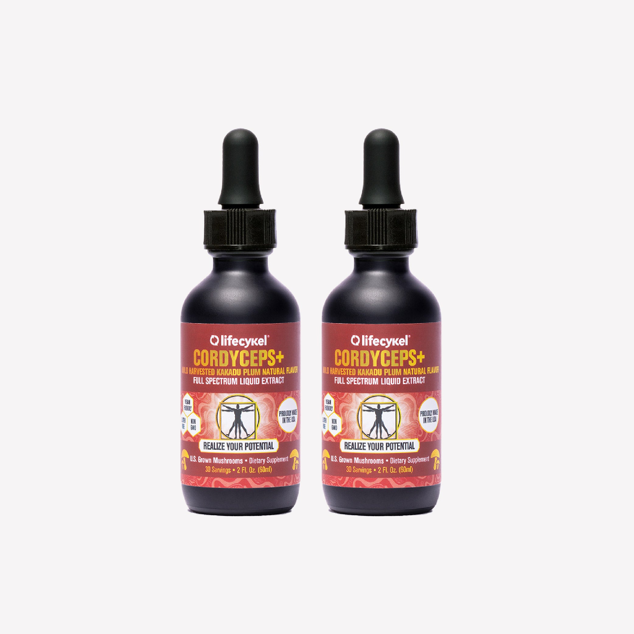 Two bottles of Lifecykel Cordyceps+ mushroom extracts supplement on a white background